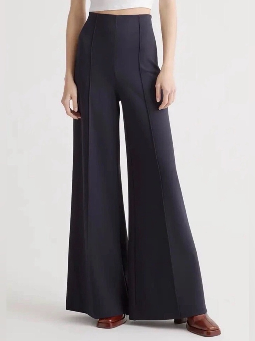 Quince Ultra Stretch Wide Leg Ponte Pants Navy Blue 30" Inseam Office Size S EUC